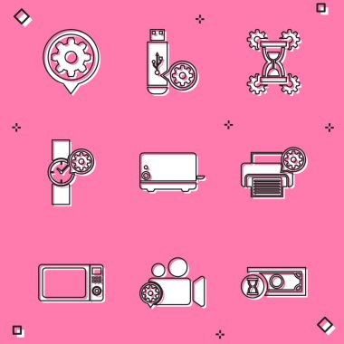 USB flash diski ayarla Kum Saati Bilekliği Saat Tost ve Yazıcı simgesi ayarla. Vektör.