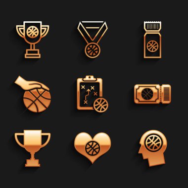 Basketbol topu düşünceleri ile planlama stratejisi belirle basketbol kupası kupası kupası el ve ikon. Vektör.