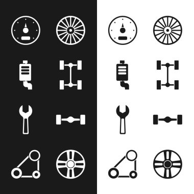 Chassis araba egzozu sürat göstergesi, Alaşımölçer, anahtarlar ve zaman ayarlı kemer kiti simgesini ayarla. Vektör.