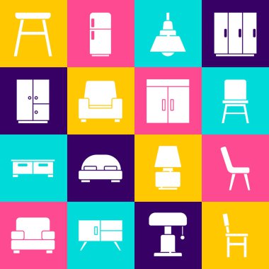 Koltuk Koltuğu, Chandelier Gardırop ve ikonu hazırla. Vektör.