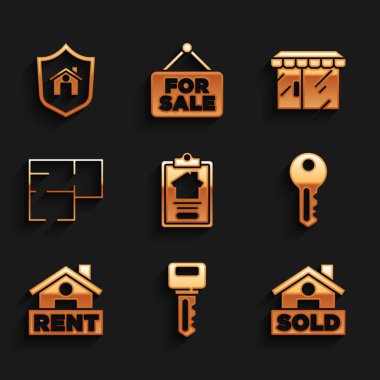 Ev Sözleşmesi Anahtar Asma tabelasını Satılmış Kira Planı Mağazası ve Kalkan simgesi ile ayarla. Vektör.
