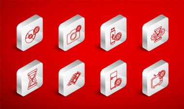 Hat TV ayarlarını ayarla. Fotoğraf makinesi USB flash disk, Kum Saati Buzdolabı CD DVD DVD hızlı ödemeler ve kum ikonlu Eski kum saati. Vektör.