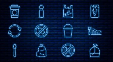 Sıvı sabun, ekoloji, ölü kuş plastiği şişede taze kağıt, cam su ve ikon yok. Vektör.