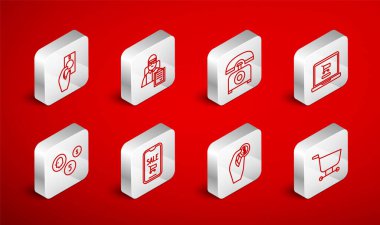 Karton kutularla alışveriş arabası teslimatçısı telefon dizüstü bilgisayarı, bozuk para, mobil alışveriş ve madeni para ikonu. Vektör.