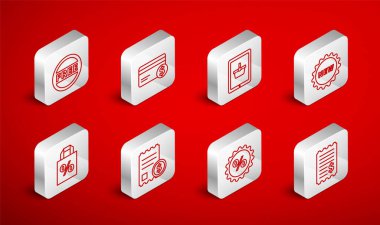 Satır Kağıt Çekini ve Mali Kredi kartı dolar alışveriş sepetini Yeni İndirim% Free ve Shoping çanta indirim simgesiyle tablet Price etiketine ayarla. Vektör.