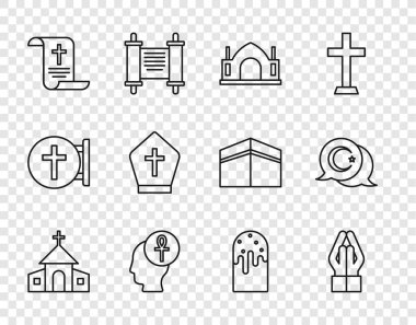 Kilise 'yi hizaya sokun, dua edin Hindu ruhani tapınağı Haç Kararı kağıt parşömen parşömeni Papa paskalya pastası ve yıldız hilal ikonu. Vektör.