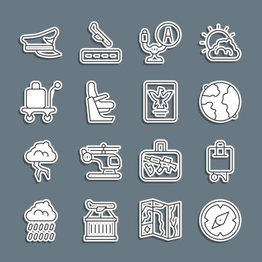 Compass Suitcase Worldwide Aircraft dümen dümeni koltuğu Trolley bagaj pilotu şapkası ve pasaport ikonu ayarlayın. Vektör.