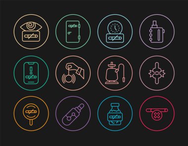 Hattı ayarla. Esrar çekmek yok. Diz ağrısı, Hipnoz, Nargile ve bölge ikonu. Vektör.