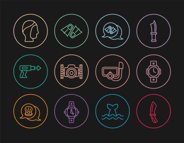 Yüzen foto kamera dalgıcı Flippers 'ı zıpkın kaputu maskesi ve şnorkel ve ikon ile izlemek için sıraya girin. Vektör.