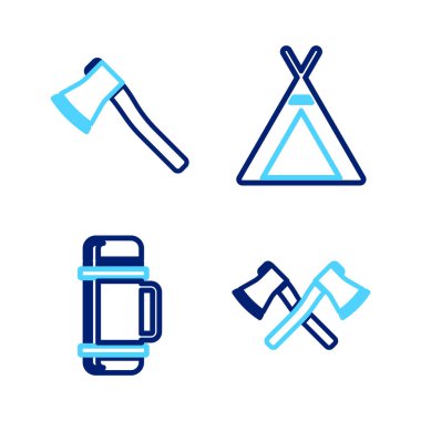 Ahşap balta, termos konteynır, turist çadırı ve tahta ikonu. Vektör.