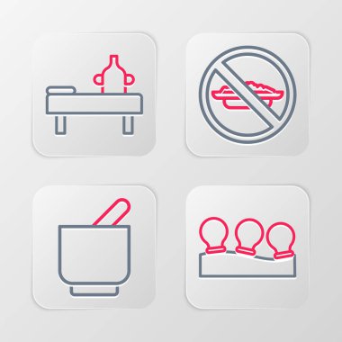 Süpürge kutuları havan topu ve tokmak diyet yok ve yağ ikonlu masaj masası. Vektör.