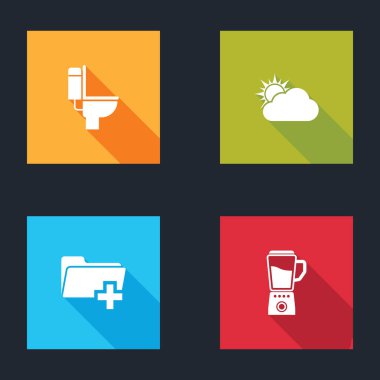 Tuvalet kasesi, güneş ve bulut hava durumunu ayarla, yeni klasör ve karıştırıcı simgesi ekle. Vektör.