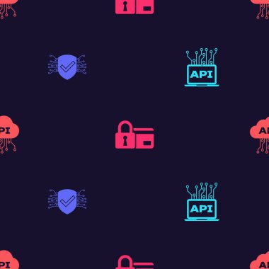 Bilgisayar api arayüzünü, Siber güvenliği, Cloud ve Cloud 'u kusursuz desenli kredi kartını ayarla. Vektör.