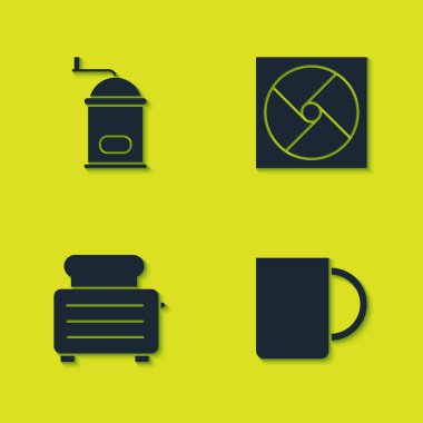 Elle kahve öğütücüsünü, kahve fincanını tost makinesini ve havalandırma ikonunu hazırla. Vektör.
