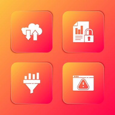 Bulut indirme ve gönderme, Belge kilidi, Çizelge ve Tarayıcı ünlem simgesi ile satış hunisi ayarlayın. Vektör.