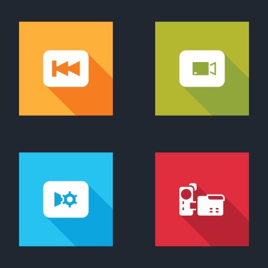 Geri sarma düğmesini, Video Oynat, Müzik veya Ayarlar 'ı ve Sinema kamera simgesini ayarlayın. Vektör.