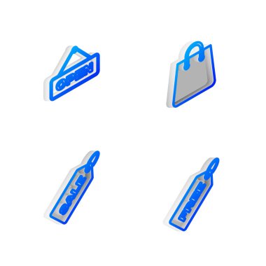 Isometric marka el çantası, açık kapılı tabelayı, indirimli fiyat etiketini ve bedava simgeyi ayarlayın. Vektör.