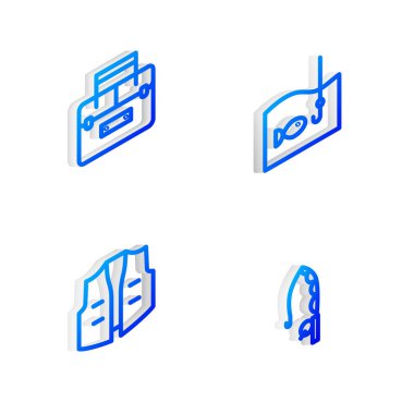Isometric oltası ile balık oltasını sallanan kutu, ceket ve çubuk simgesi olarak ayarla. Vektör.