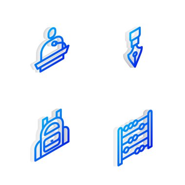 Isometric Line Dolmakalem ucunu ayarlayın. Okul çantasına ve abaküs simgesine ders verir. Vektör.