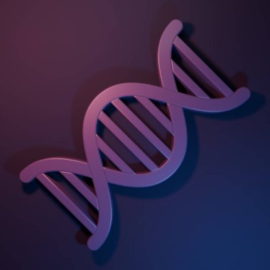 Mor-mavi arkaplanda izole edilmiş mor DNA sembolü. Minimalizm kavramı. 3 Boyutlu resimleme.