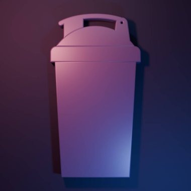 Mor-mavi arkaplanda izole edilmiş Mor Fitness Titreşim simgesi. Su ve protein kokteylleri için kapaklı spor karıştırıcı şişesi. Minimalizm kavramı. 3 Boyutlu resimleme.