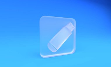 Donmuş cam USB bellek simgesi mavi arkaplanda izole edildi. Kare buzlu cam düğme. 3 Boyutlu resimleme.