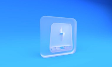 Buzlu cam güç bankası simgesi mavi arkaplanda izole edildi. Taşınabilir şarj cihazı. Kare buzlu cam düğme. 3 Boyutlu resimleme.