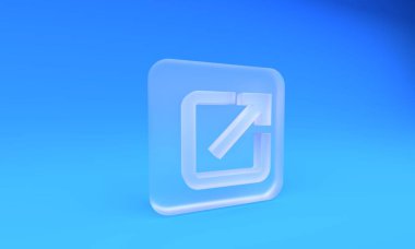 Mavi arkaplanda izole edilmiş yeni pencere simgesinde buzlu cam açık. Başka bir sekme düğmesi işareti aç. Tarayıcı çerçeve sembolü. Dış bağlantı işareti. Kare buzlu cam düğme. 3 Boyutlu resimleme.