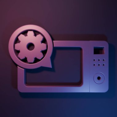 Mor mikrodalga fırın ve mor-mavi arka planda izole edilmiş dişli ikonu. Uygulama, servis konsepti, ayar seçenekleri, bakım, onarım, onarım. Minimalizm kavramı. 3 Boyutlu resimleme.