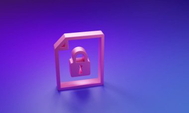 Pembe Belge ve kilit simgesi mor-mavi arkaplanda izole edildi. Dosya biçimi ve asma kilit. Güvenlik, güvenlik, koruma kavramı. Minimalizm kavramı. 3 Boyutlu resimleme.