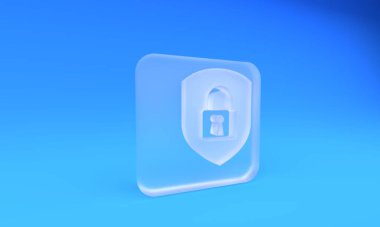 Mavi arka planda kilit simgesi olan buzlu cam kalkan güvenliği. Koruma, güvenlik, şifre güvenliği. Güvenlik duvarı gizlilik levhası. Kare buzlu cam düğme. 3 Boyutlu resimleme.