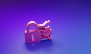 Mor-mavi arka planda izole edilmiş pembe siber güvenlik simgesi. Dijital devre kartında kapalı asma kilit. Güvenlik kavramı. Dijital veri koruması. Minimalizm kavramı. 3 Boyutlu resimleme.