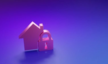 Pembe Ev, mor-mavi arka planda izole edilmiş koruma ikonu altında. Eve git ve kilitle. Koruma, güvenlik, güvenlik, koruma, savunma konsepti. Minimalizm kavramı. 3 Boyutlu resimleme.