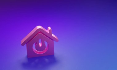 Pembe Akıllı ev simgesi mor-mavi arka planda izole edildi. Uzaktan kumanda. Minimalizm kavramı. 3 Boyutlu resimleme.