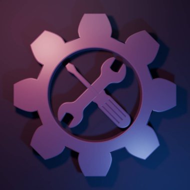 Mor Bakım Sembolü - mor-mavi arka planda izole edilmiş vites simgesiyle İngiliz anahtarı ve tornavida. Servis aracı sembolü. Minimalizm kavramı. 3 Boyutlu resimleme.