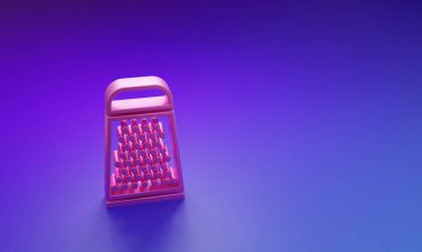 Pembe Grater simgesi mor-mavi arkaplanda izole edilmiş. Mutfak sembolü. Mutfak aletleri. Çatal bıçak seti. Minimalizm kavramı. 3 Boyutlu resimleme.