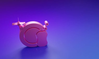 Pembe bulaşık ikonu mor-mavi arka planda izole edilmiş. Tabak ve sünger. Bulaşık yıkama ikonu. Bulaşık makinesi tabelası. Masa takımı tabelası temiz. Minimalizm kavramı. 3 Boyutlu resimleme.