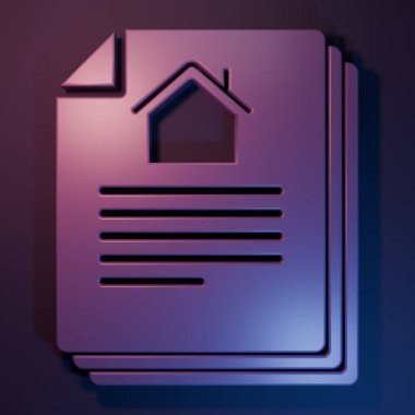 Mor Ev kontrat ikonu mor-mavi arka planda izole edilmiş. Sözleşme oluşturma hizmeti, belge oluşumu, başvuru formu bileşimi. Minimalizm kavramı. 3 Boyutlu resimleme.