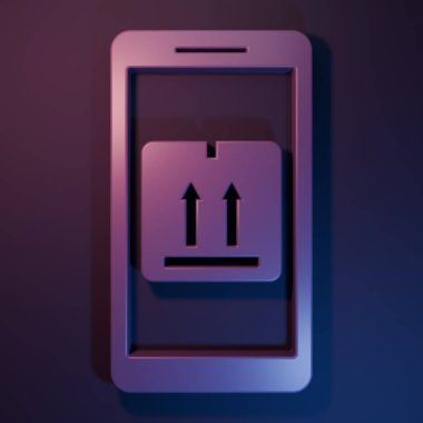 Mor Mobil akıllı telefon, mor-mavi arka planda izole edilmiş uygulama dağıtım ikonu. Paket takibi. Minimalizm kavramı. 3 Boyutlu resimleme.