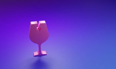 Mor-mavi arka planda izole edilmiş dağıtım kutuları için pembe kırılgan cam sembol. Minimalizm kavramı. 3 Boyutlu resimleme.