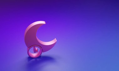 Mor-mavi arkaplandaki Pembe Uyuyan Ay simgesi. Minimalizm kavramı. 3 Boyutlu resimleme.