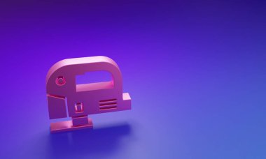 Mor-mavi arka planda izole edilmiş çelik keskin bıçak ikonu olan pembe elektrikli yapboz. Ahşap işçiliği için elektrikli alet. Minimalizm kavramı. 3 Boyutlu resimleme.