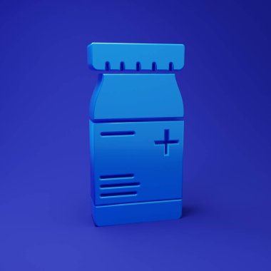 Mavi ilaç şişesi ve mavi arka planda izole edilmiş hap ikonu. Şişe hapı işareti. Eczane tasarımı. Minimalizm kavramı. 3 Boyutlu resimleme.