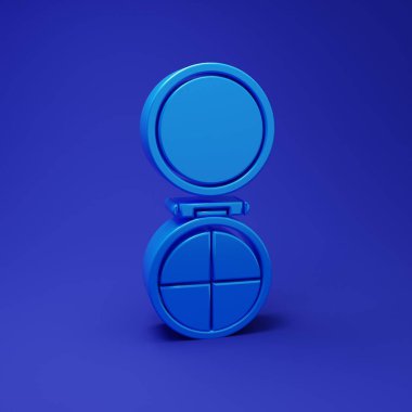 Mavi arkaplanda ayna ikonu olan mavi makyaj tozu. Minimalizm kavramı. 3 Boyutlu resimleme.