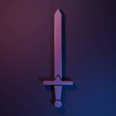 Mor Ortaçağ kılıç ikonu, mor-mavi arka planda izole edilmiş. Ortaçağ silahı. Minimalizm kavramı. 3 Boyutlu resimleme.