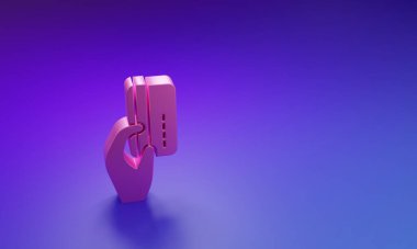 Mor-mavi arka planda izole edilmiş kredi kartı ikonu olan pembe insan eli. Çevrimiçi ödeme. Kartla öde. Finansal operasyonlar. Minimalizm kavramı. 3 Boyutlu resimleme.