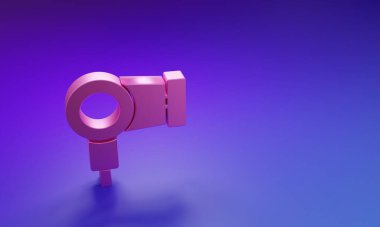 Mor-mavi arkaplanda pembe saç kurutma ikonu var. Saç kurutma makinesi tabelası. Saç kurutma sembolü. Sıcak hava üflüyor. Minimalizm kavramı. 3 Boyutlu resimleme.