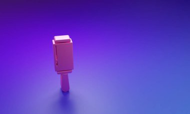 Mor-mavi arka planda izole edilmiş temizlik giysileri ikonu için pembe yapışkan silindir. Enkazdan, tozdan, saçtan, tüyden, evcil yünden kurtuluyorum. Minimalizm kavramı. 3 Boyutlu resimleme.