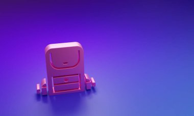 Pembe Yürüyüş sırt çantası simgesi mor-mavi arkaplanda izole edildi. Kamp ve dağ gezisi sırt çantası. Minimalizm kavramı. 3 Boyutlu resimleme.