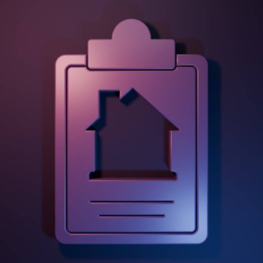 Mor Ev kontrat ikonu mor-mavi arka planda izole edilmiş. Sözleşme oluşturma hizmeti, belge oluşumu, başvuru formu bileşimi. Minimalizm kavramı. 3 Boyutlu resimleme.